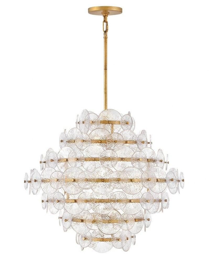 Rene Distressed Brass 16-Light Tiered Chandelier with Clear Pressed Glass