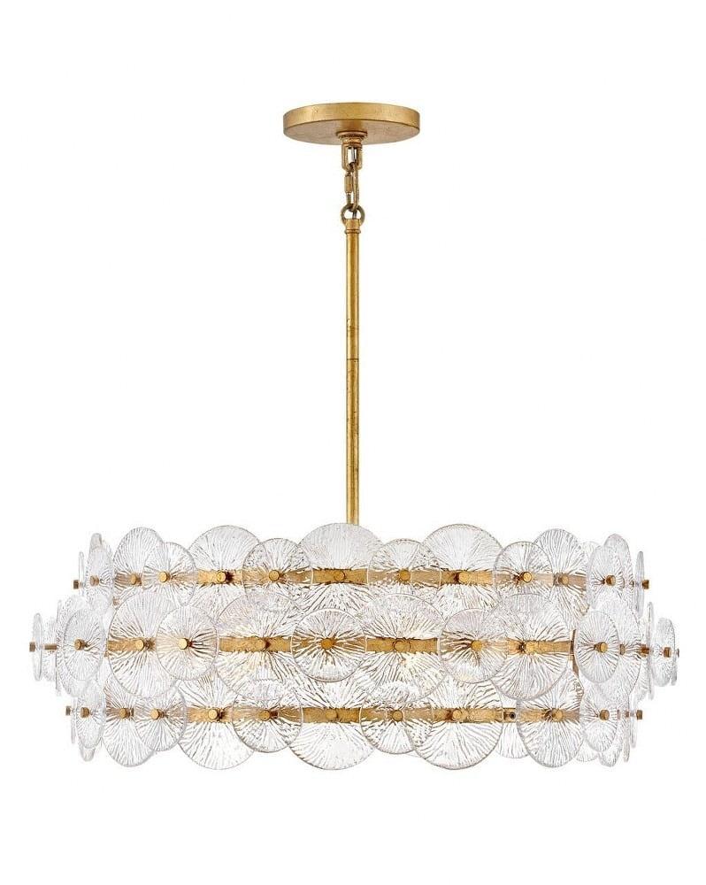 Rene Distressed Brass 6-Light Drum Chandelier with Clear Pressed Glass