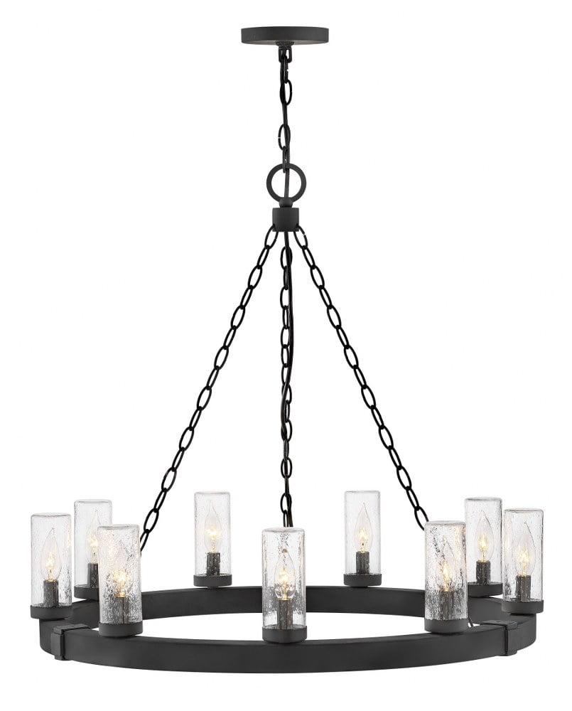 Sawyer Black 9-Light LED Outdoor Chandelier with Clear Seedy Glass