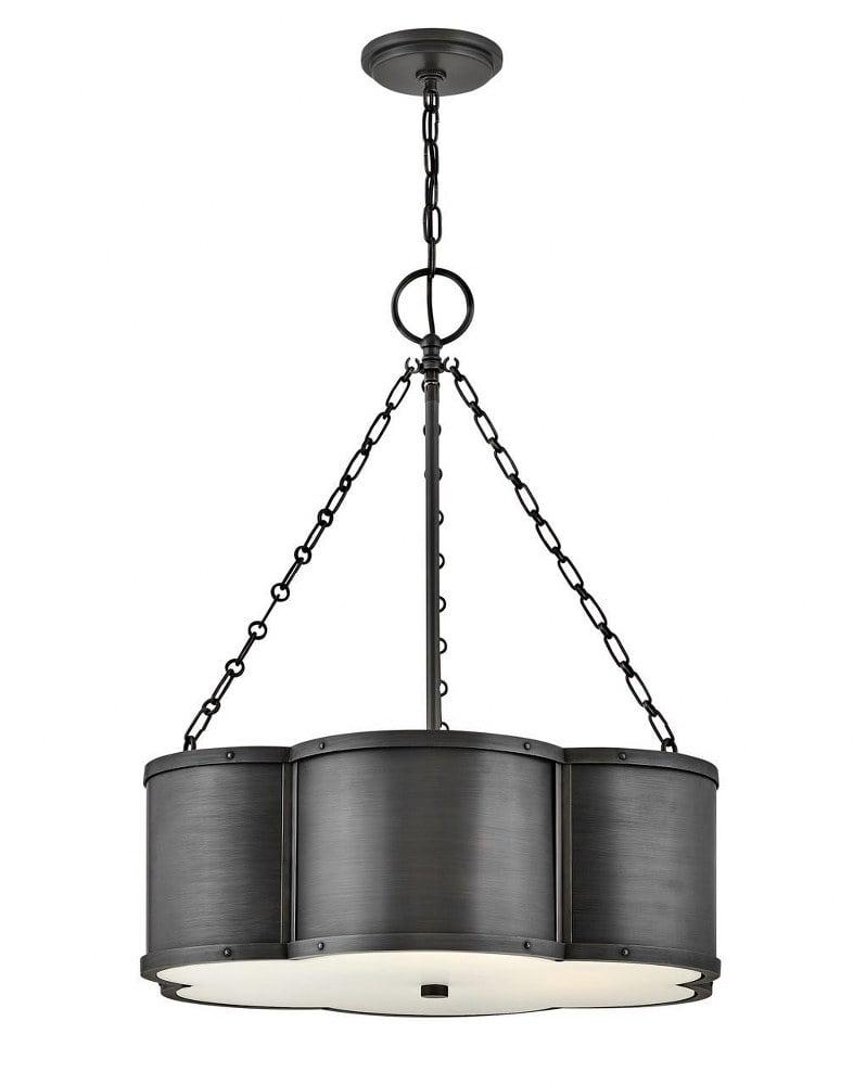 Blackened Brass and Etched Glass Drum Pendant Light