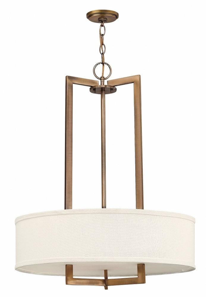 Brushed Bronze 3-Light Drum Pendant with Linen Shade