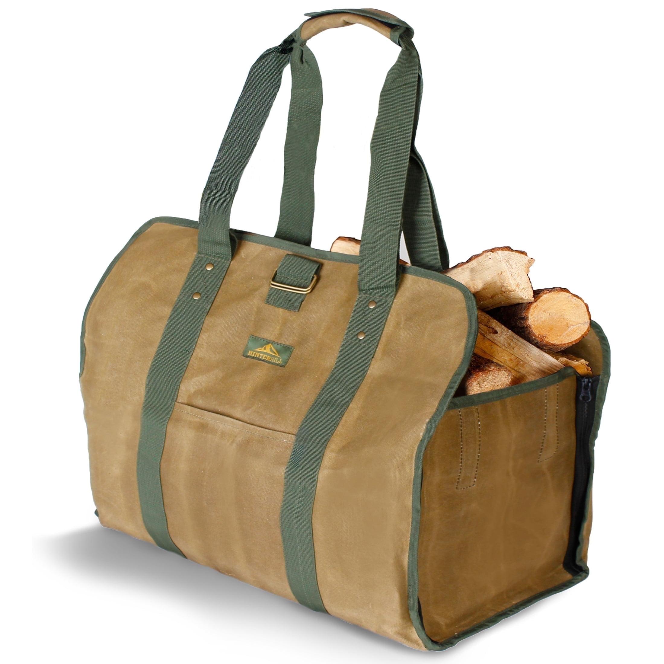 HinterHill 2-in-1 Firewood Carrier Bag. Adjustable Canvas Bag with Zip-Down Sides for Fireplace Wood