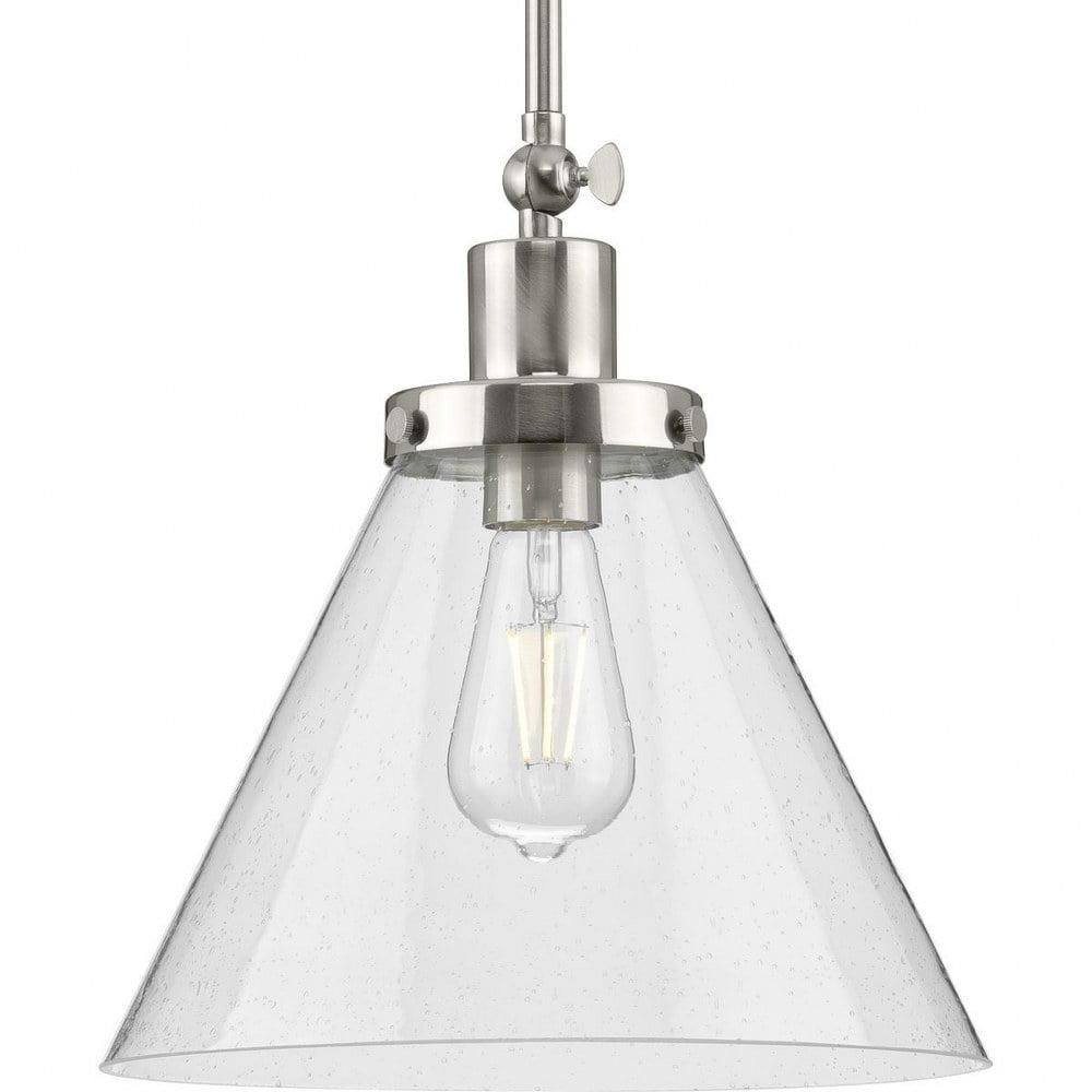Progress Lighting Hinton 1-Light Industrial Pendant, Brushed Nickel, Seeded Glass Shade