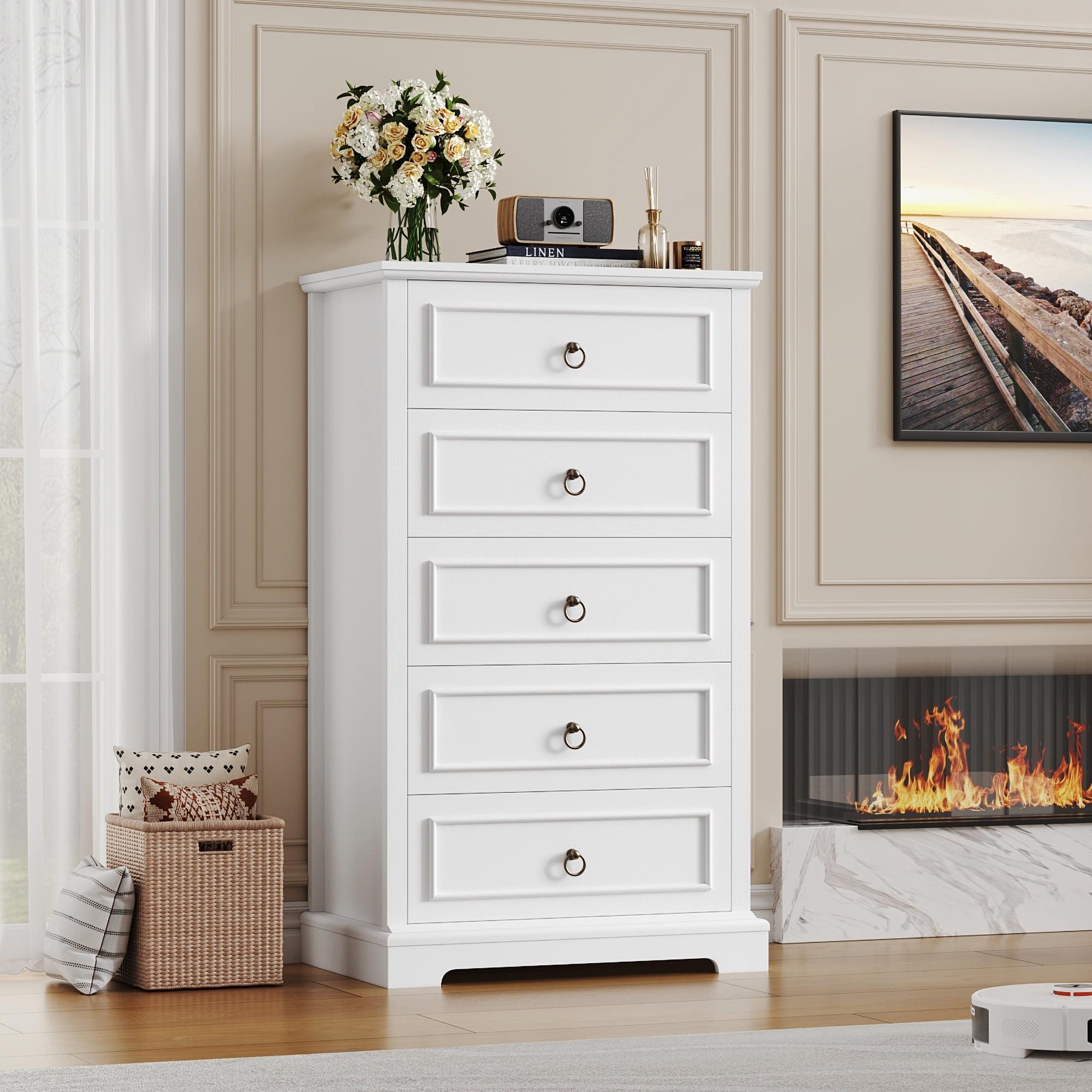 White Vertical 5-Drawer Chest with Metal Handles