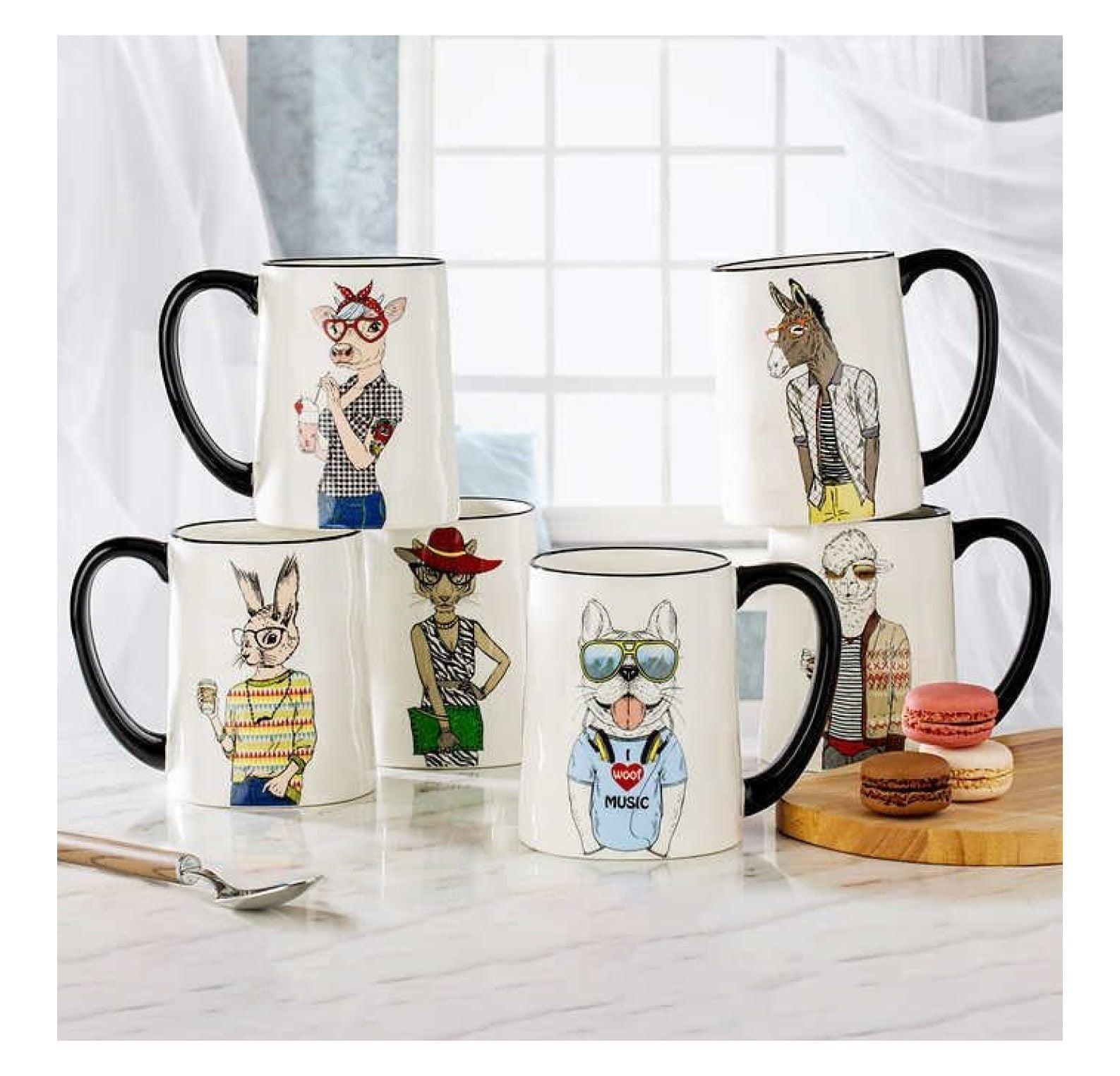 Hipster Animal Cartoon Ceramic White Coffee Mug Set