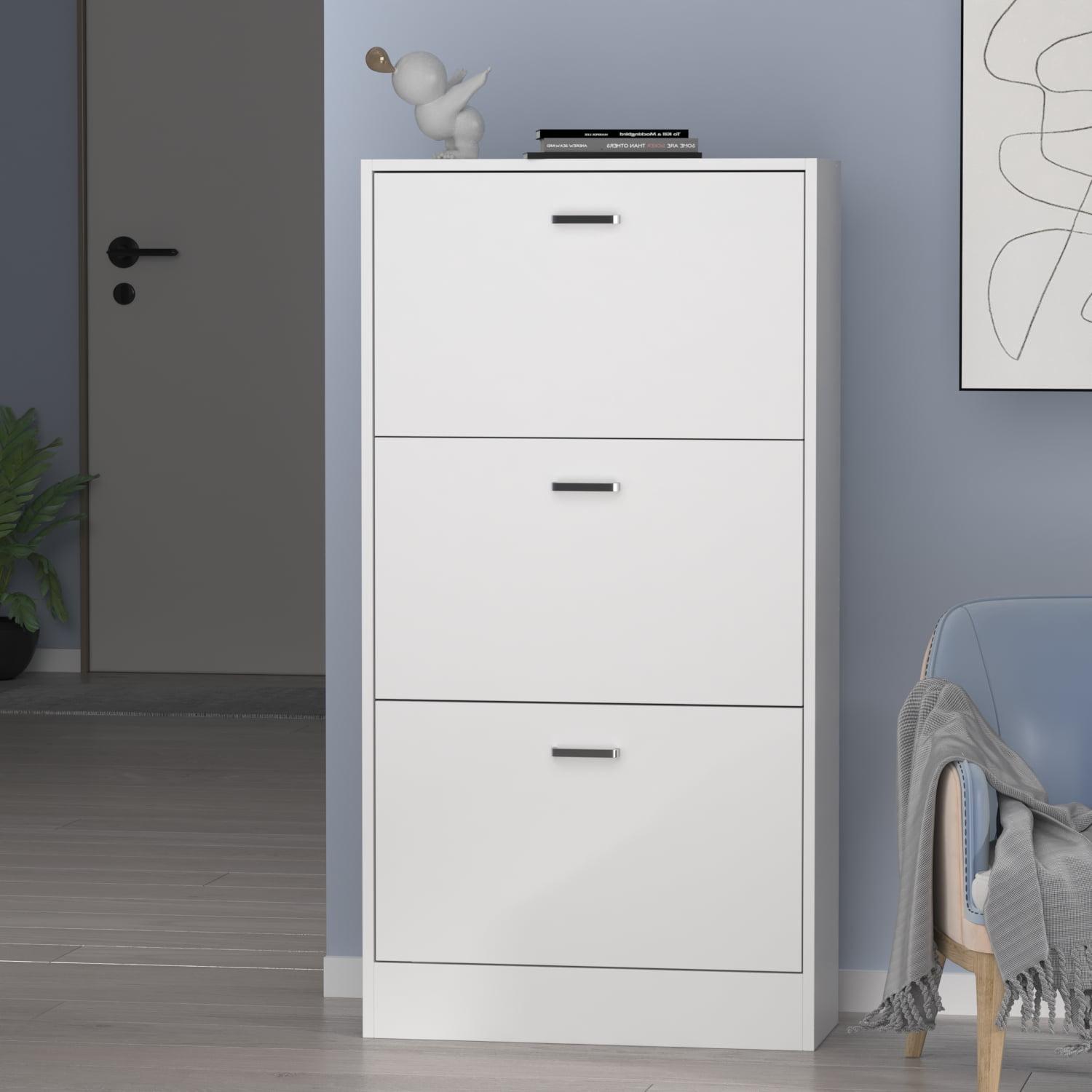 Elegant Freestanding 3-Tier Shoe Cabinet with Pull-Down Drawers, White