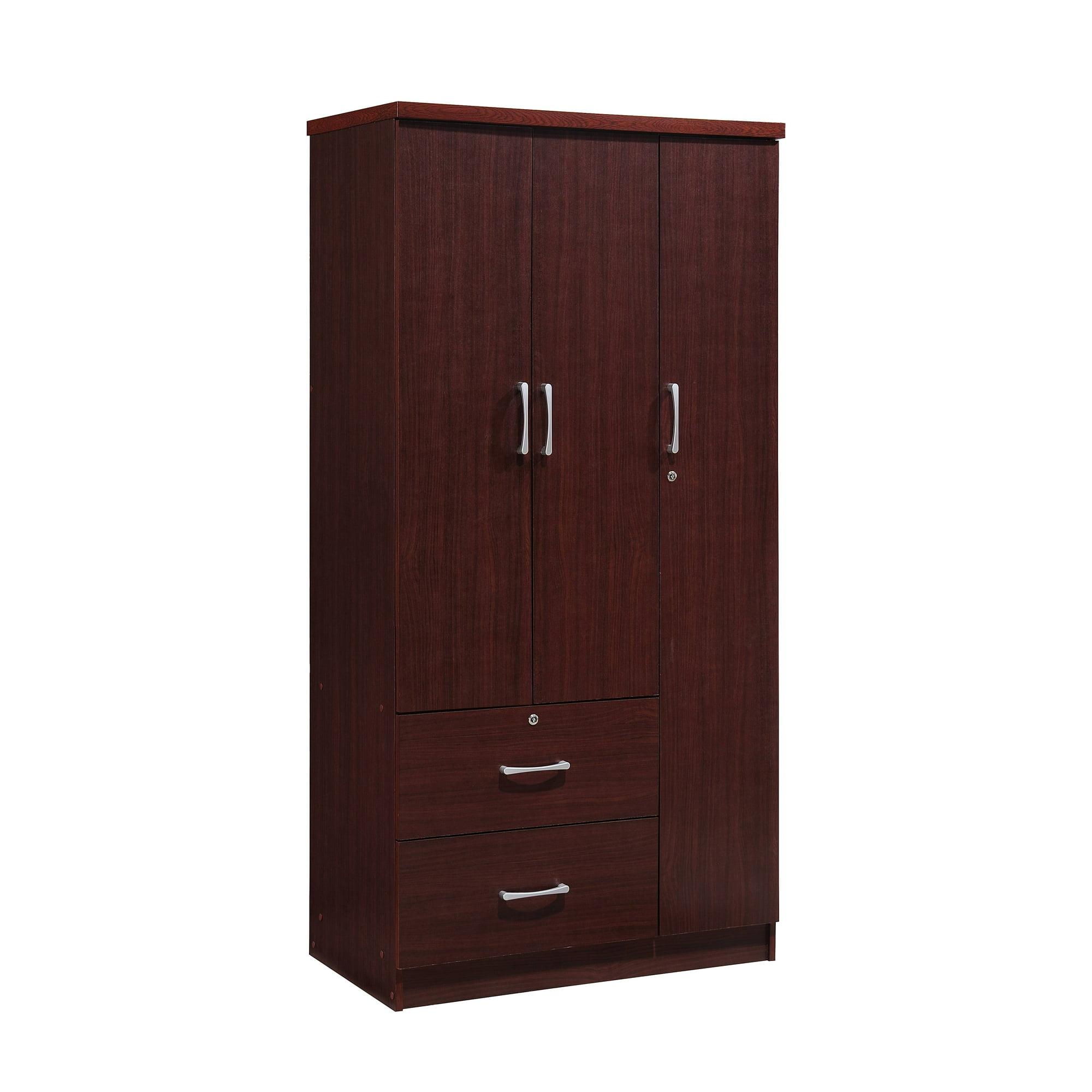Hodedah 3 Door Bedroom Armoire with Drawers, Mahogany