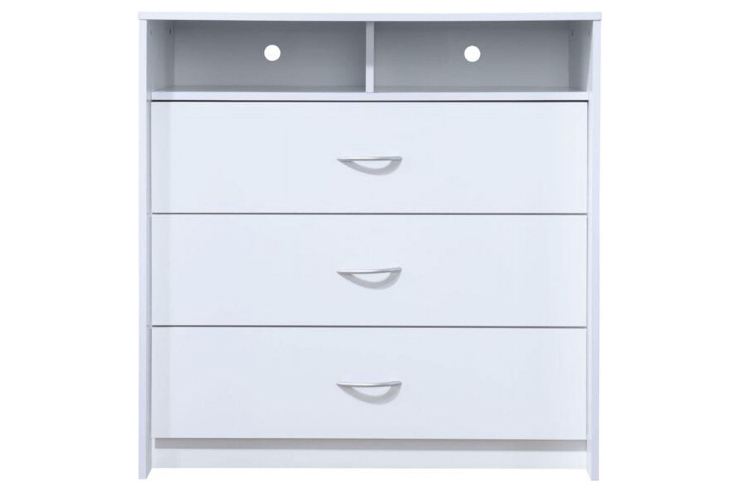 Sleek White Engineered Wood 3-Drawer Dresser with Open Shelf