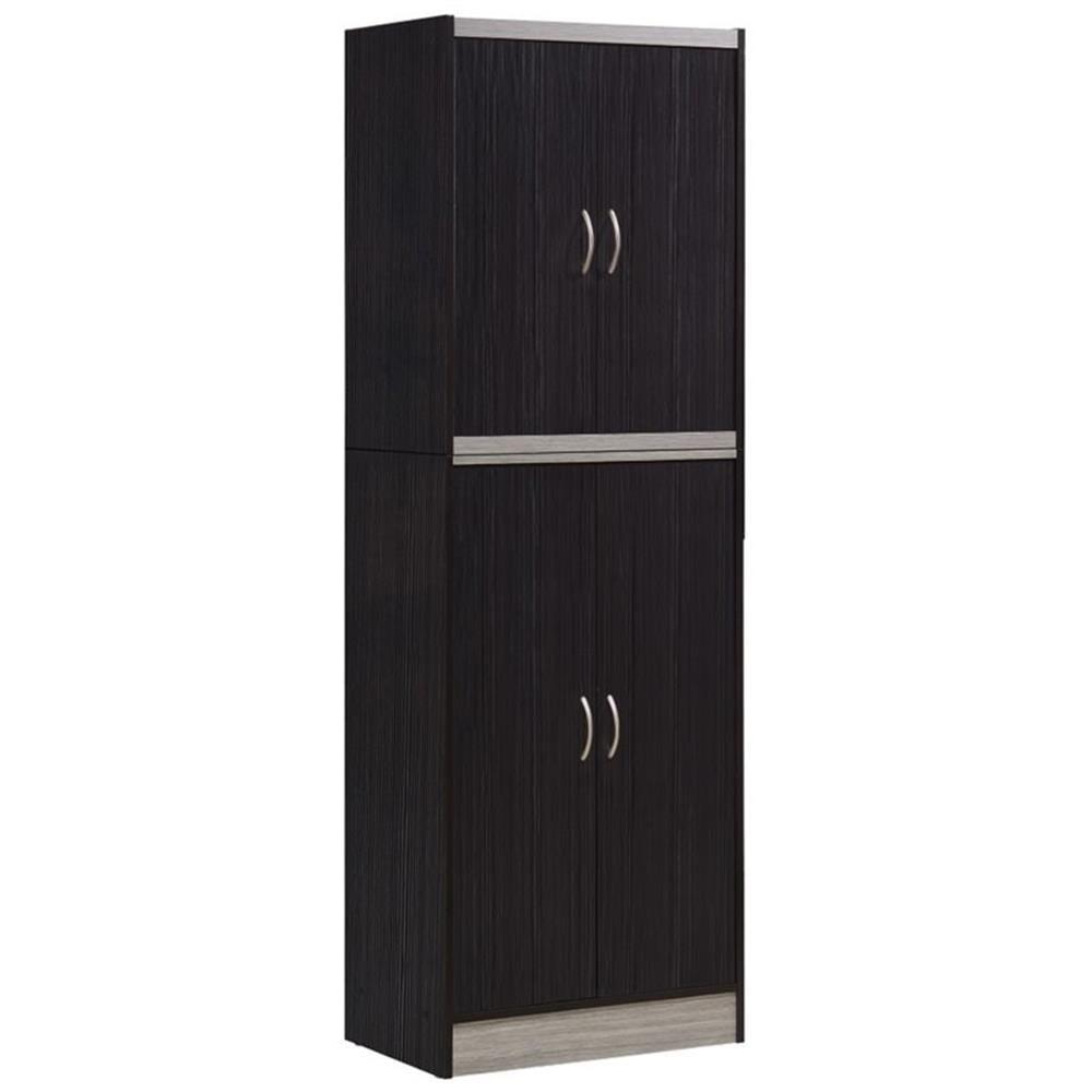 Hodedah 4 Door Kitchen Pantry 4 Shelves 5 Compartments in Chocolate-Grey Wood