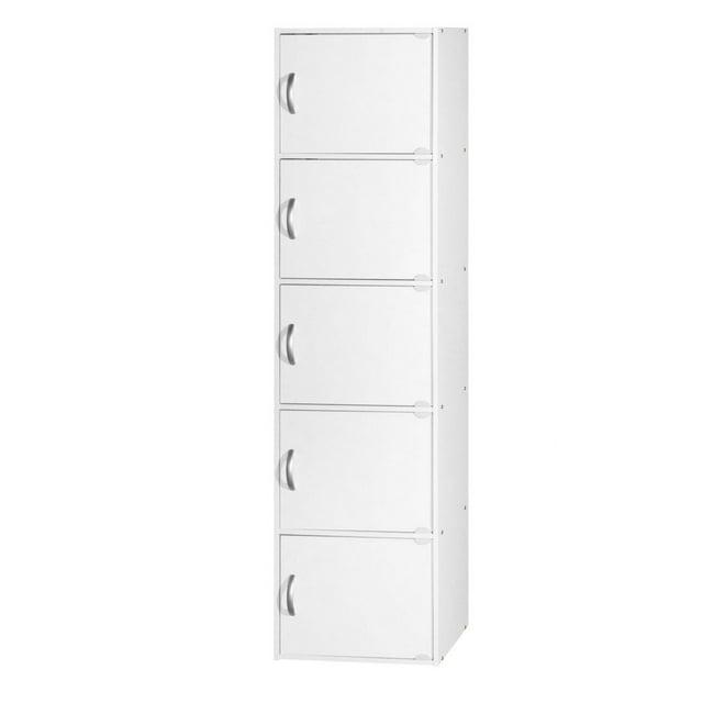 Hodedah HID5 High Quality 5 Shelf Home, Office, and School Enclosed Organization Storage 59 Inch Tall Slim Bookcase Cabinets, White Finish
