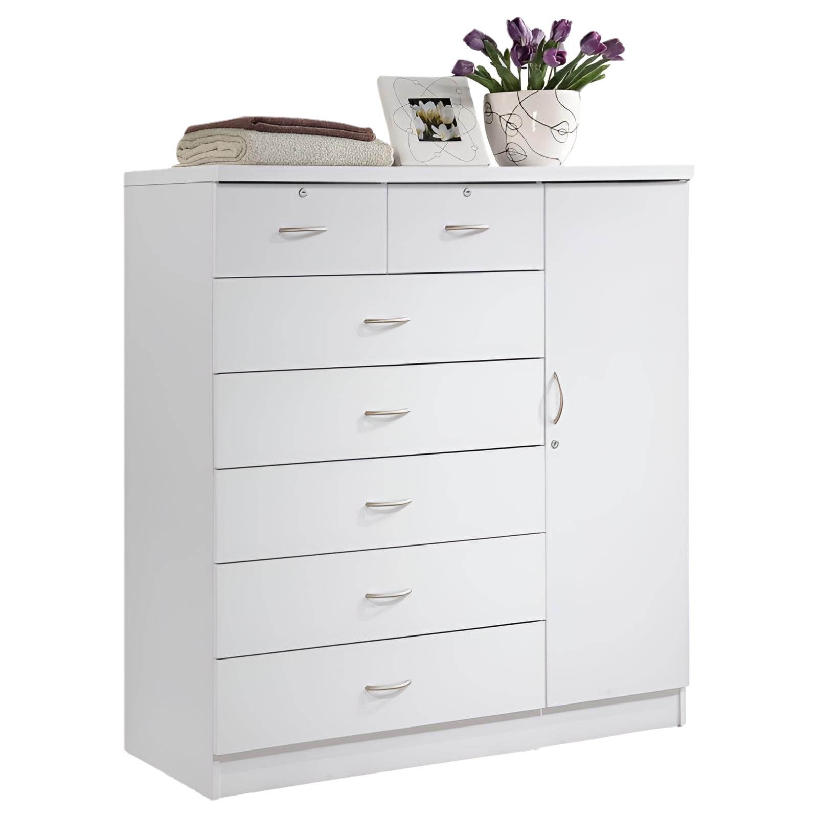 Hodedah 7-Drawer Chest with Locks on 2-Top Drawers Plus 1-Door 3-Shelves - White