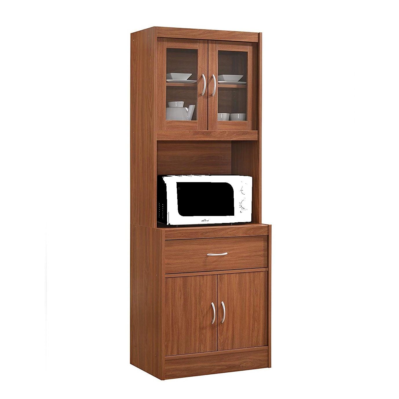 Hodedah Import Standing Top and Bottom Shelf Enclosed Kitchen China Cabinet with Front Sliding Pullout Drawer