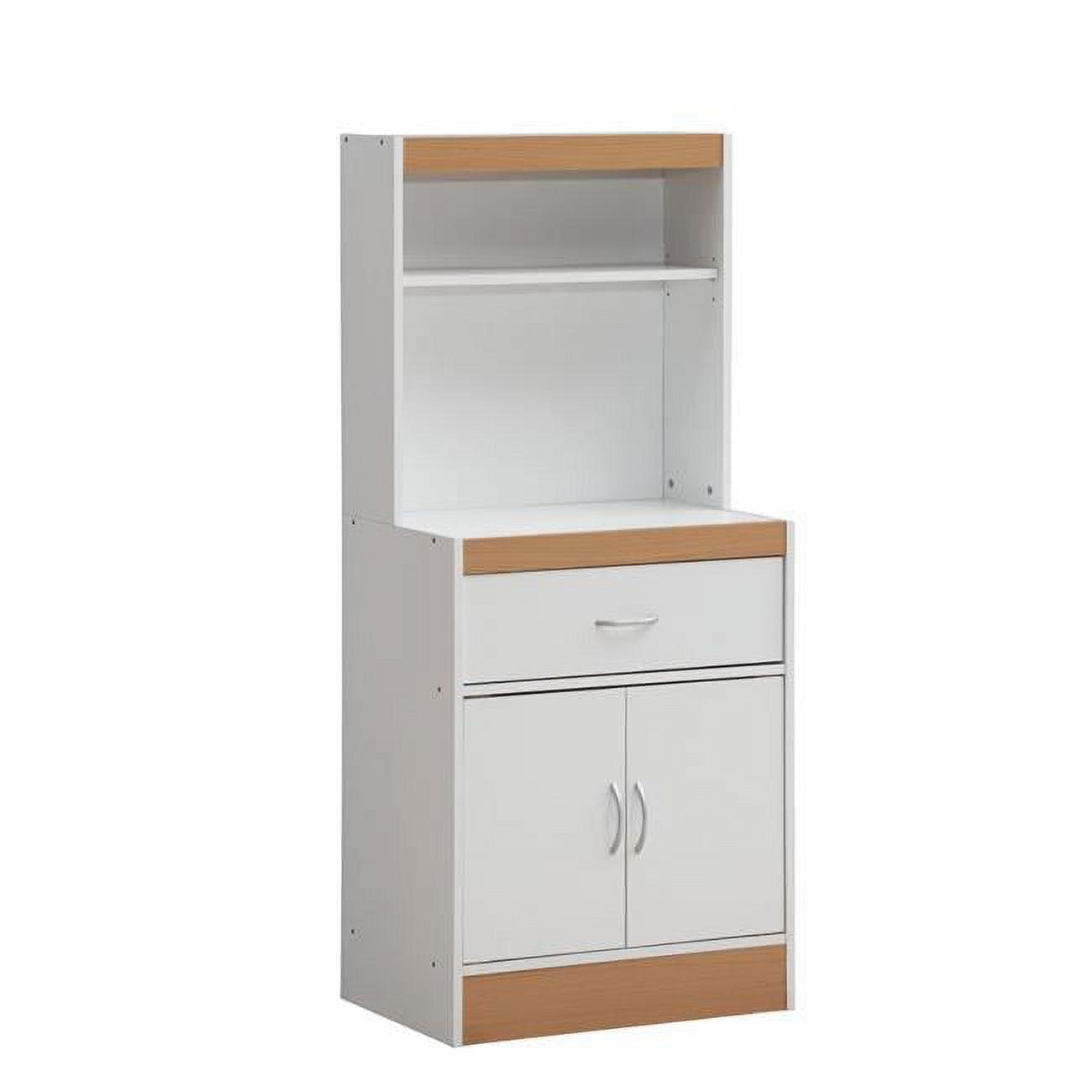 White Tall Kitchen Cabinet with Open Shelves and Drawer