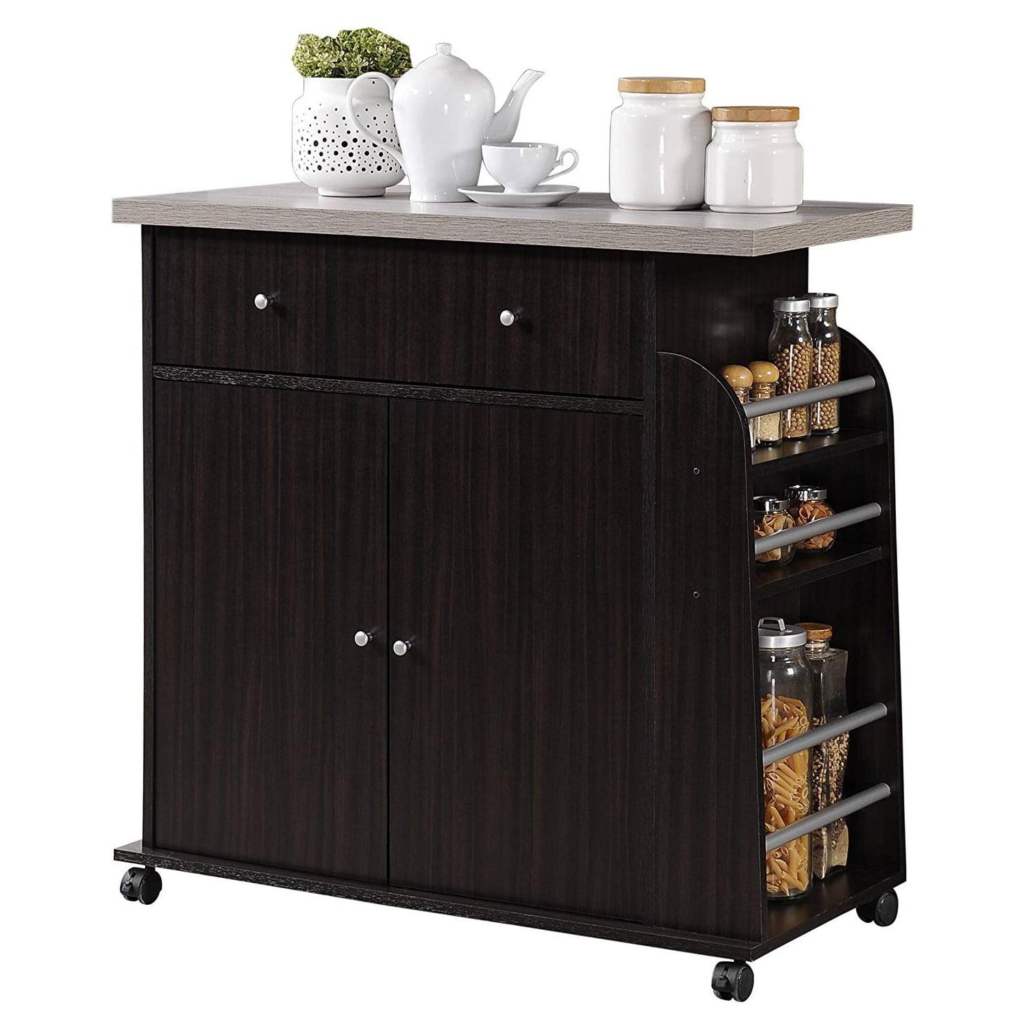 Elegant Chocolate Brown Wheeled Kitchen Island with Spice & Towel Rack