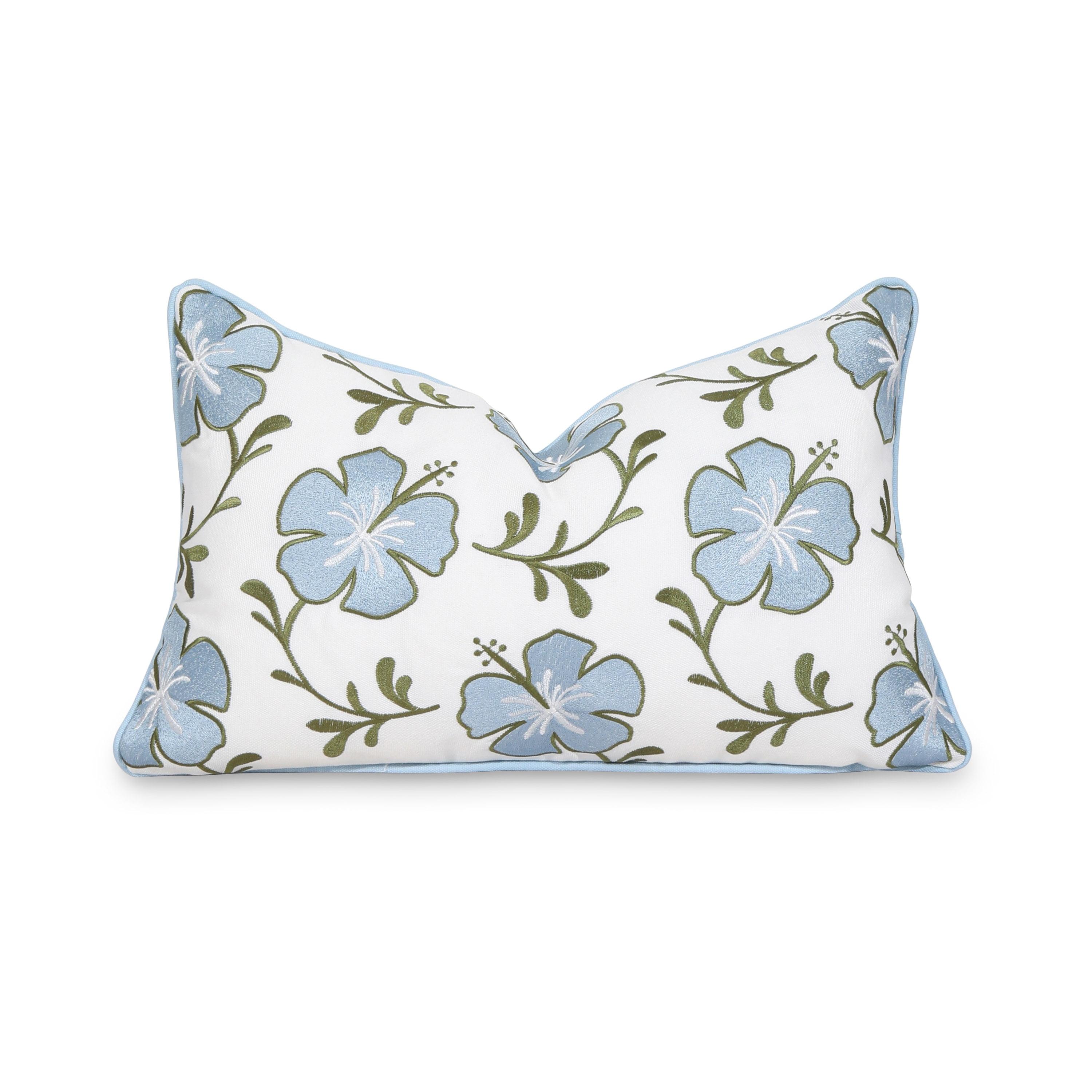 Hofdeco Premium Coastal Patio Indoor Outdoor Lumbar Pillow Cover Only, 12"x20" Water Repellent for Backyard, Couch, Baby Blue Green Embroidered Hibiscus Floral with Piping