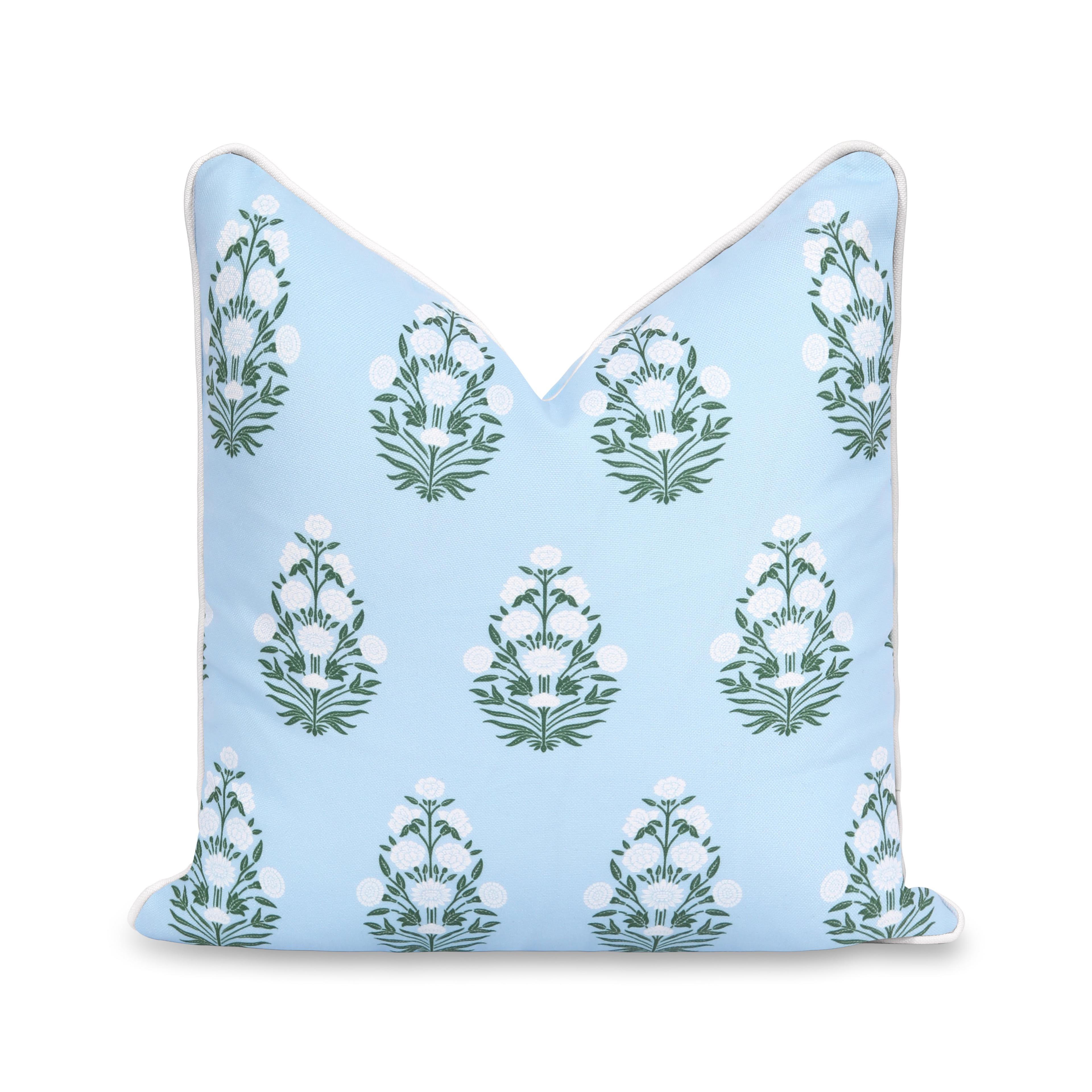Hofdeco Premium Coastal Patio Indoor Outdoor Throw Pillow Cover Only, 18"x18" Water Repellent for Backyard, Couch, Baby Blue White Green Floral with Piping