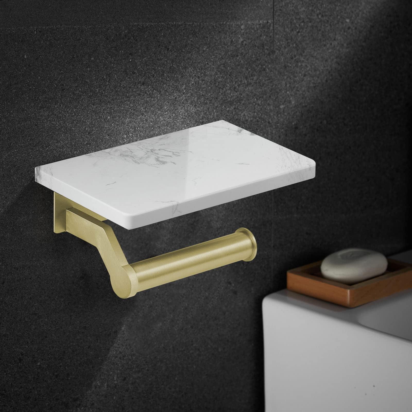 Brushed Gold Stainless Steel Toilet Paper Holder with White Marble Shelf