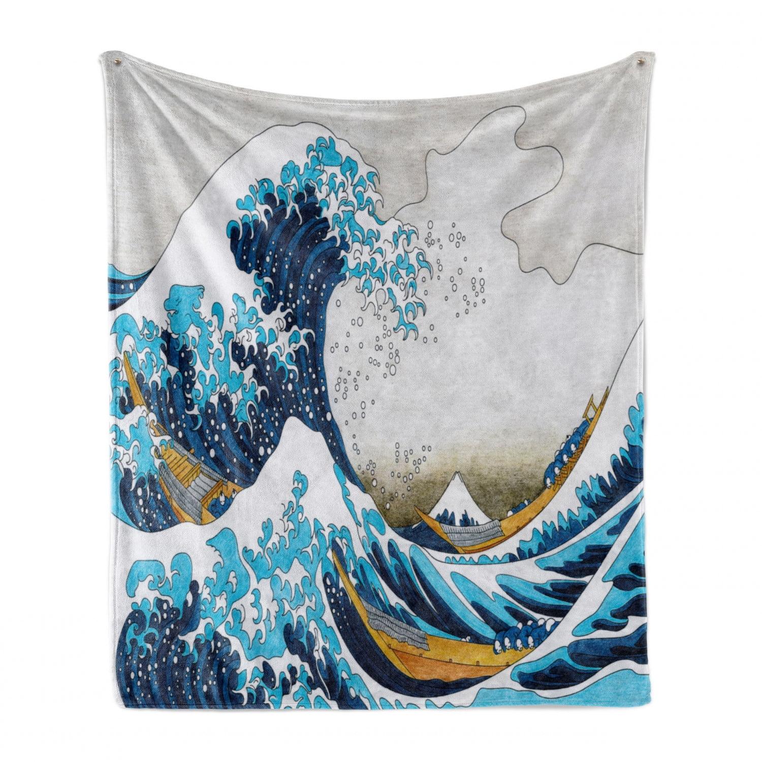 Ambesonne Hokusai Fleece Throw Blanket Oceanic Wave of Kanagawa Multicolor