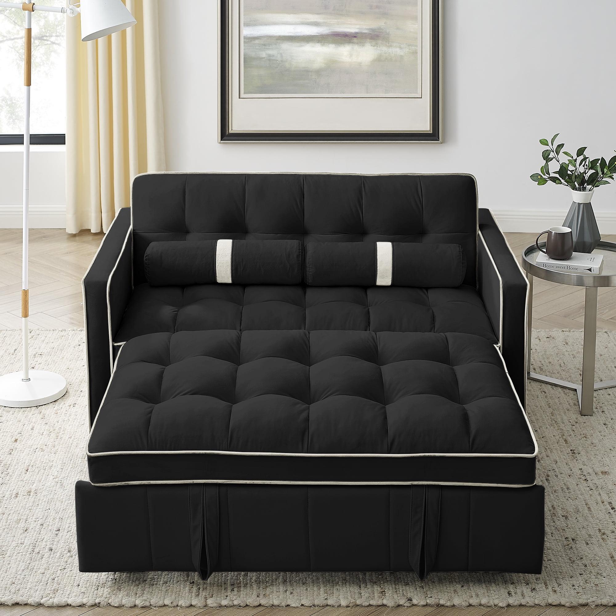 3 in 1 Convertible Sleeper Sofa Bed,55" Modern Velvet Sofa Couch Bed with 2 Lumbar Pillows and Adjsutable Backrest,2 Seater Loveseats Sofa for Apartment Office Living Room,Black