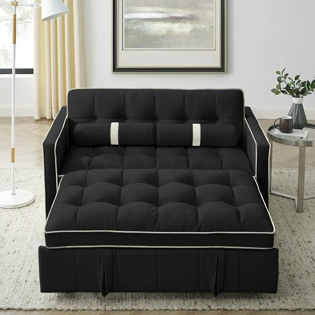 3 in 1 Convertible Sleeper Sofa Bed,55" Modern Velvet Sofa Couch Bed with 2 Lumbar Pillows and Adjsutable Backrest,2 Seater Loveseats Sofa for Apartment Office Living Room,Black