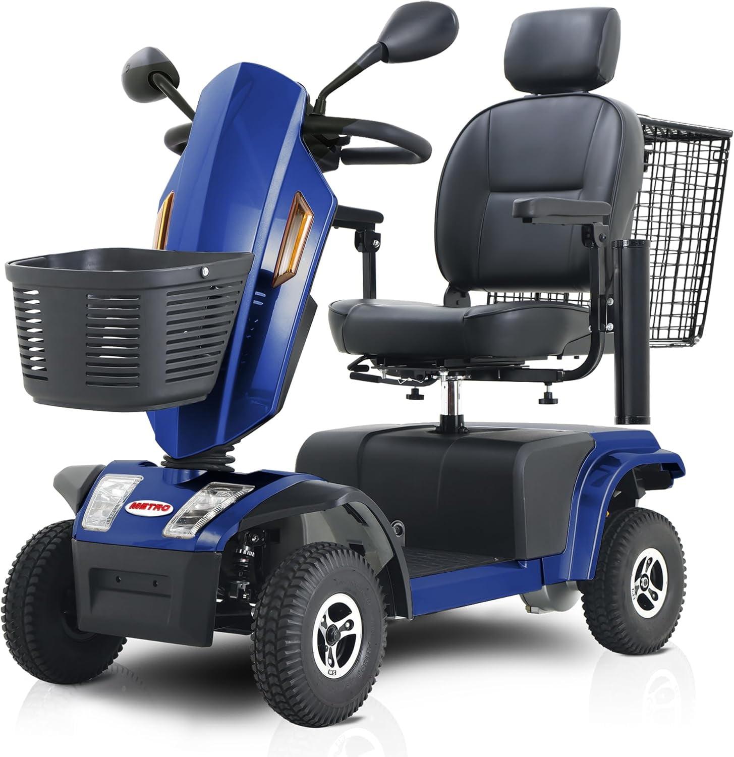 Metro S500 4-Wheel Electric Scooter with Windshield, 500W Motor, Cup Holders & USB Charging Port, LED Lights, Crutch case, Front and Rear Baskets, Blue