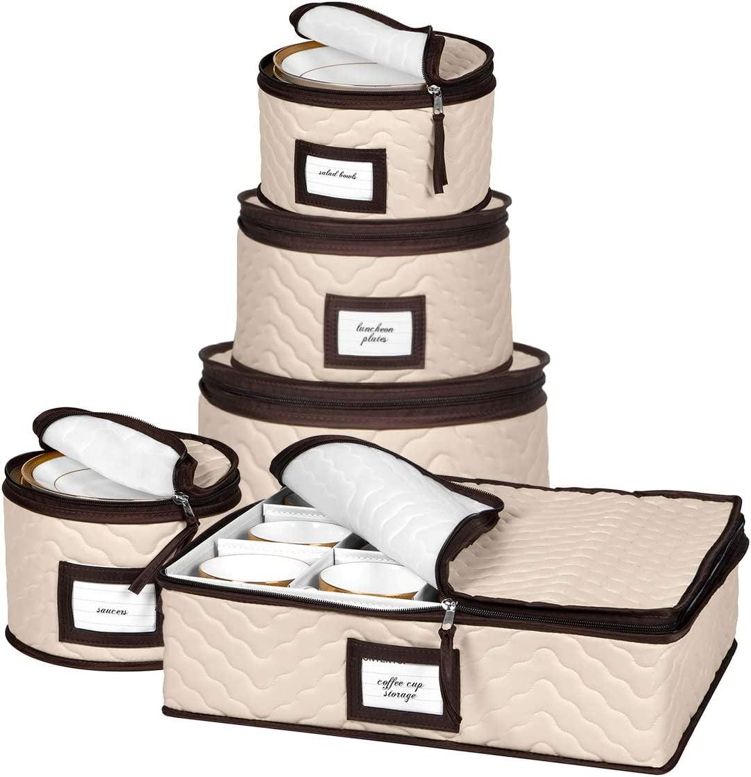 Flax and Brown Quilted Microfiber 5-Piece China Storage Set