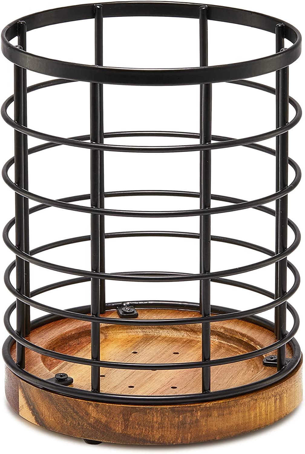 Utensil Holder for Kitchen Counter,Black Wire with Wooden Base Countertop Utensil Holder, Large Wooden Cooking Utensil Holder, Kitchen Utensil Organizer.