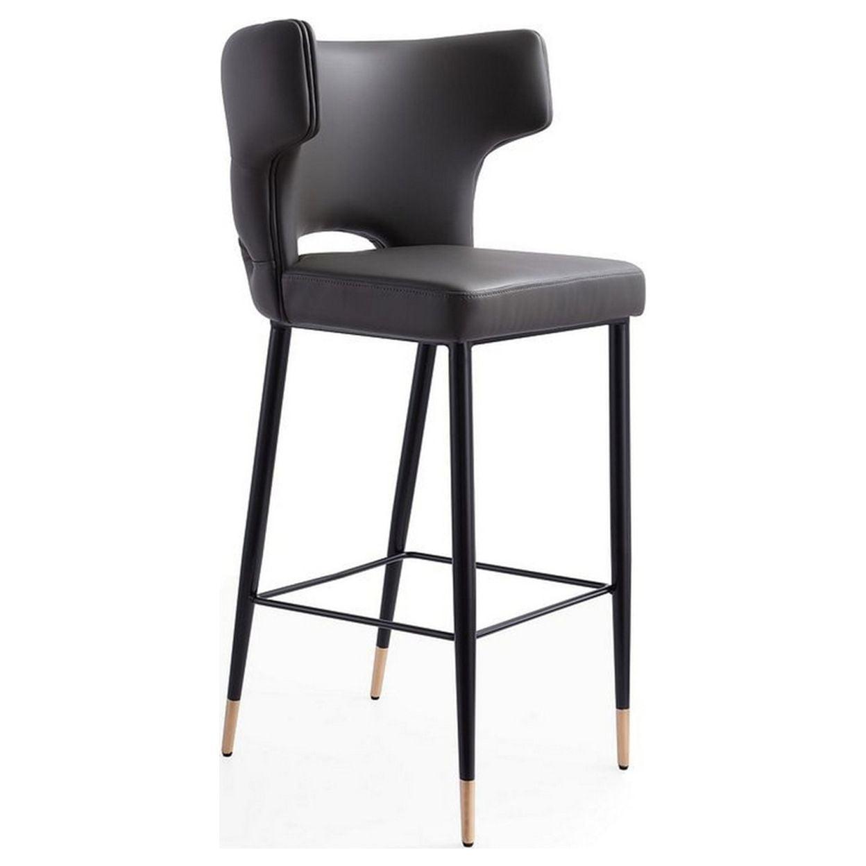 Holguin Gray Leather and Ash Wood Bar Stool with Gold Detailing