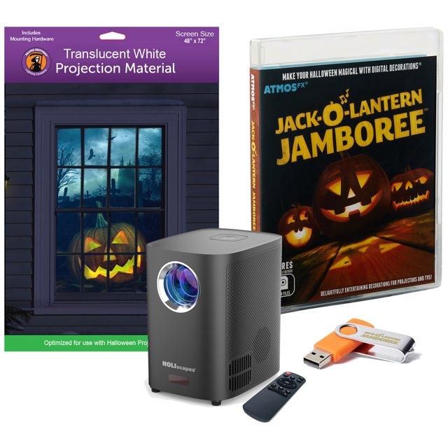 HoliScapes® USB Projector Kit - AtmosFX Jack-O-Lantern Jamboree USB + Projector + 48" x 72" Large White Holographic Screen