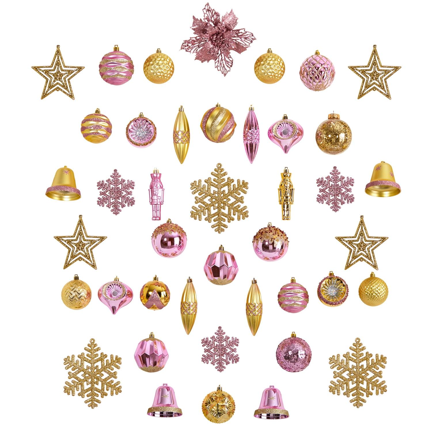 Gold and Pink Shatterproof Faceted Christmas Tree Ornament Set