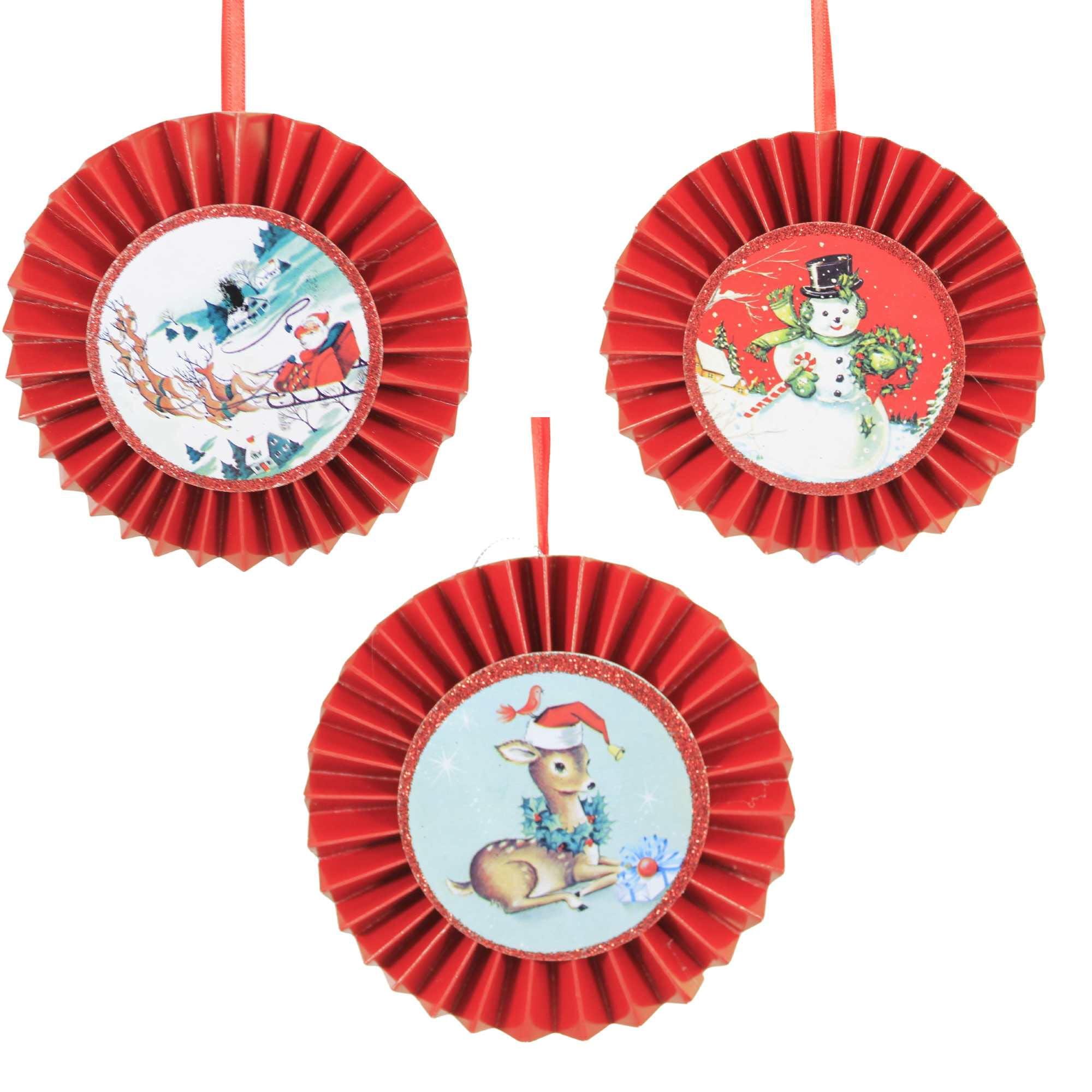 5.0 Inch Holiday Disk Ornaments Set/3 Santa Snowman Reindeer Tree Ornament Sets