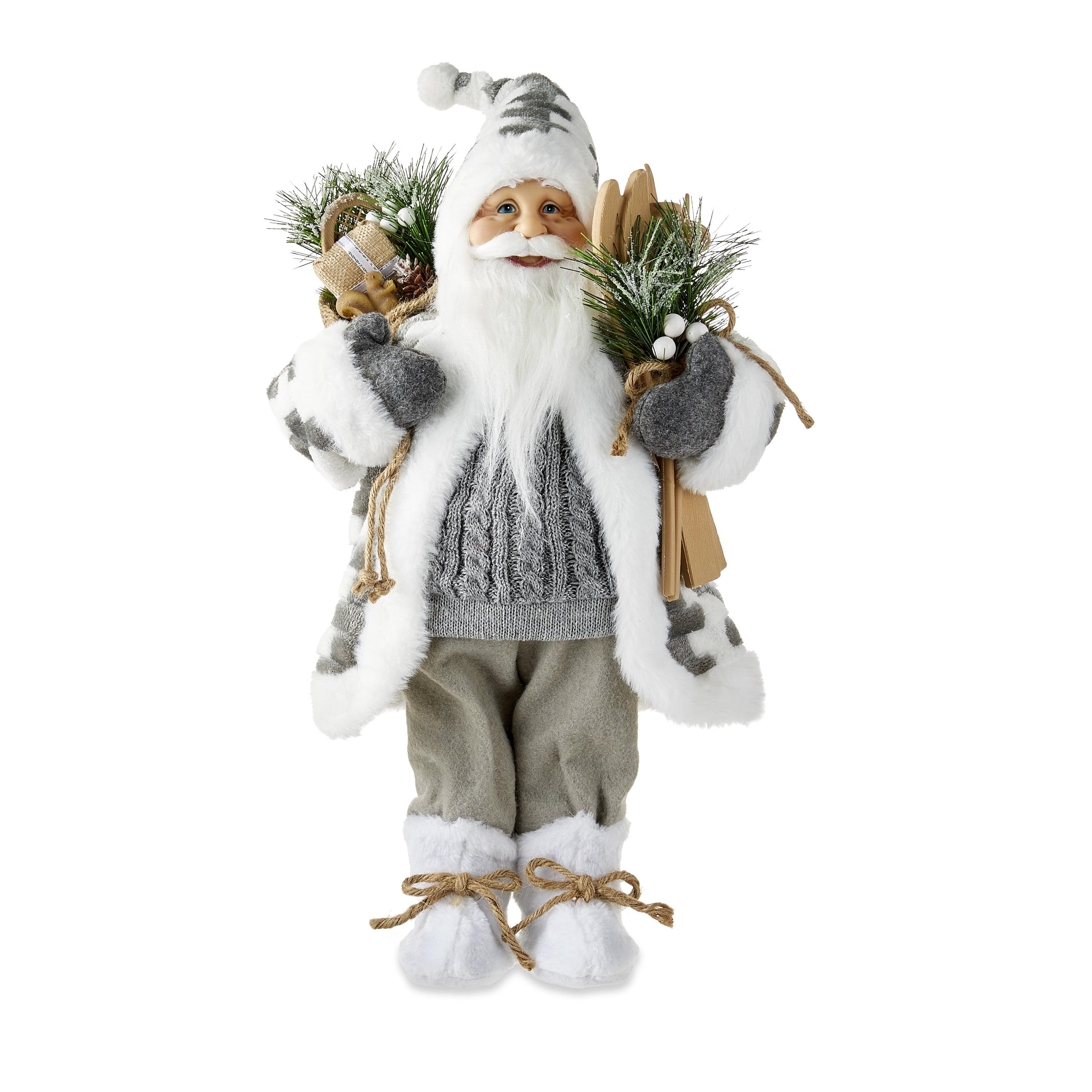 Grey and White Santa Figurine with Skis, 18 Inches