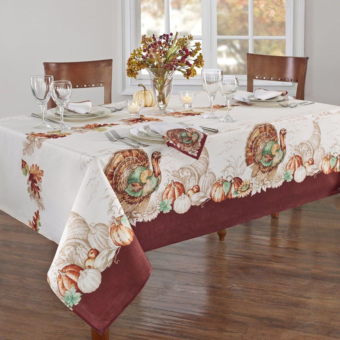 Thanksgiving Turkey and Pumpkin Bordered Fabric Tablecloth