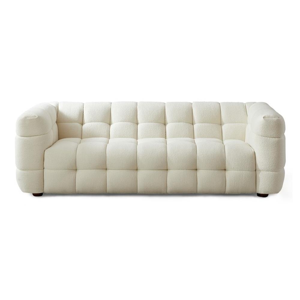 Mid-Century Modern White Tufted Microfiber Sofa with Wood Base