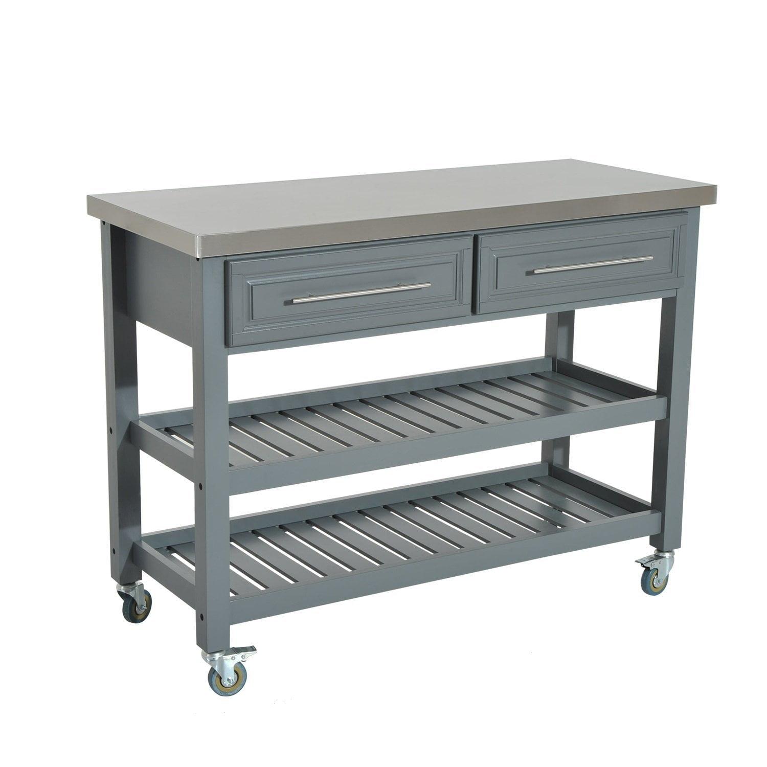 HOMCOM Kitchen Island with Stainless Steel Top, Traditional Kitchen Island with Storage, 2-Tier Open Shelves, Drawers