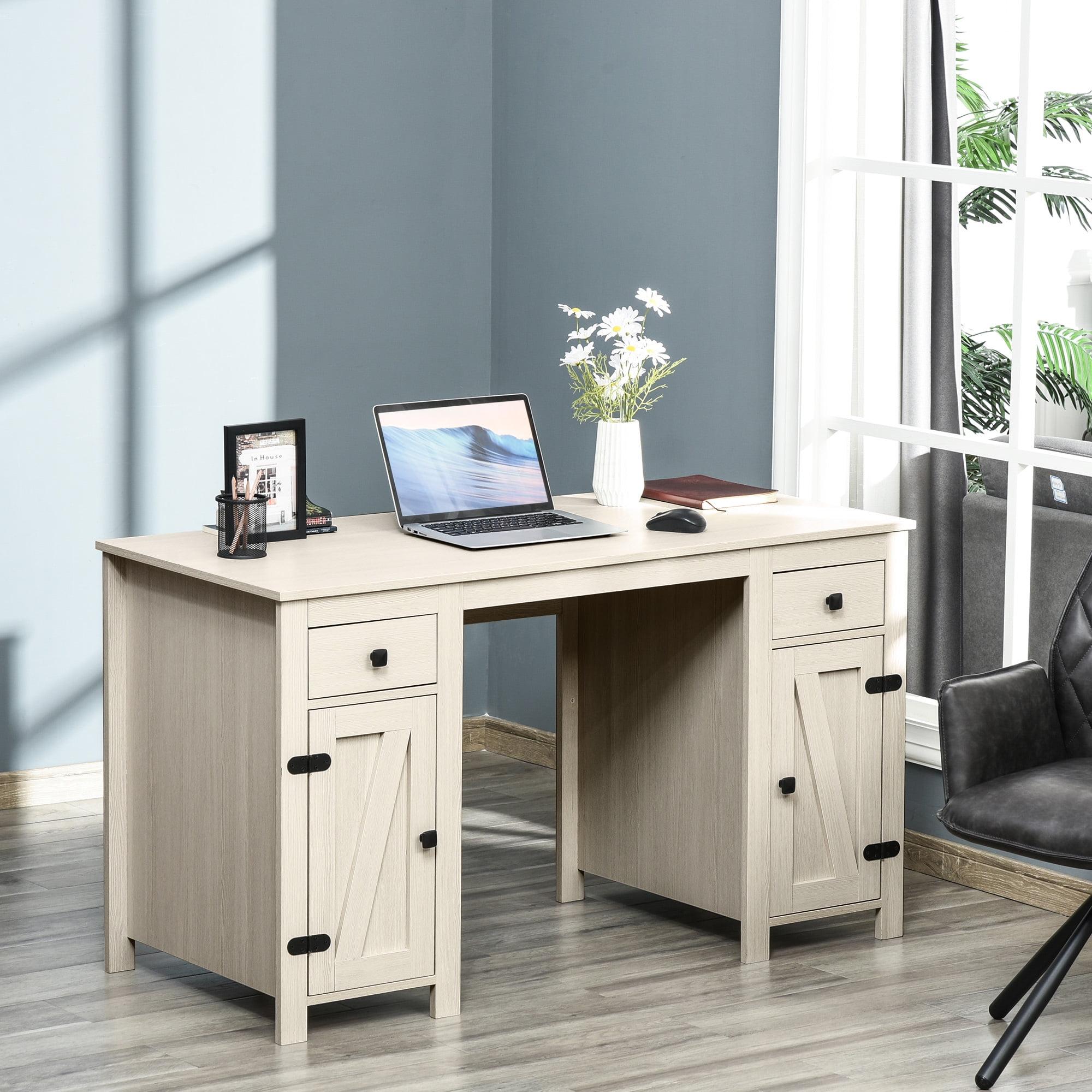 White Rustic Wood Office Desk with Drawers and Cabinets