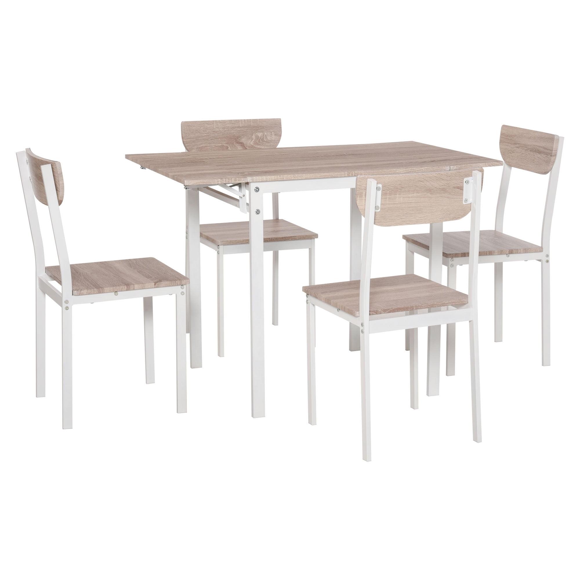 HomCom Modern 5-Piece Dining Table Set for 4 with Foldable Drop Leaf, 4 Chairs, and Metal Frame for Small Spaces, White