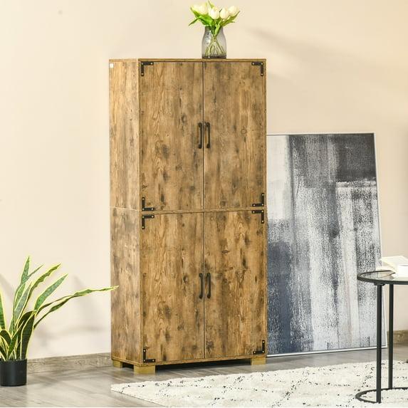 HOMCOM Industrial Style 4-Door Cabinet Pantry Cupboard with Storage Shelves for Bedroom and Living Room, Rustic Wood
