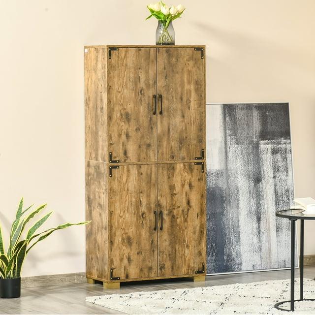 HOMCOM Industrial Style 4-Door Cabinet Pantry Cupboard with Storage Shelves for Bedroom and Living Room, Rustic Wood