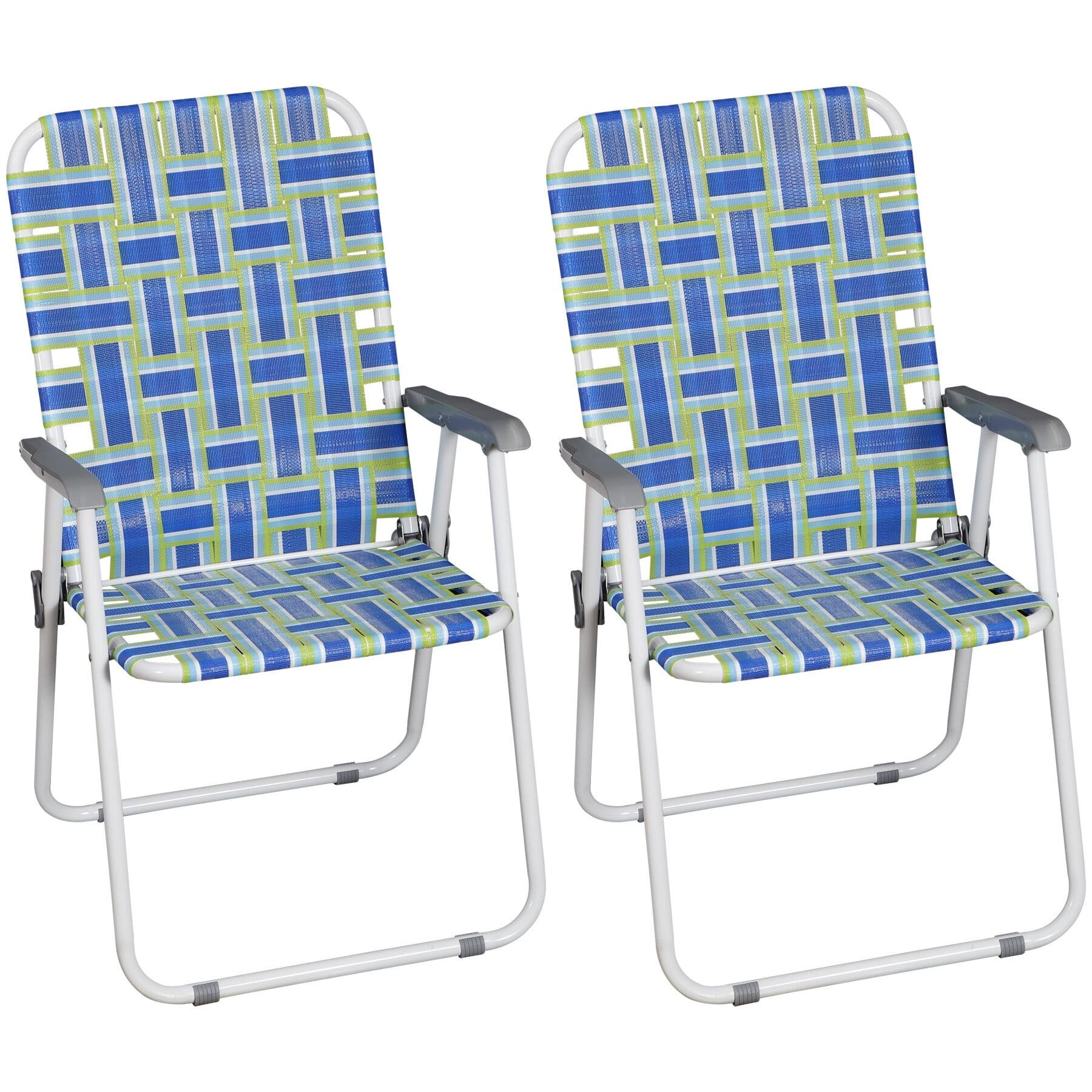 Set of 2 Blue Webbed Folding Camping Chairs with Arms