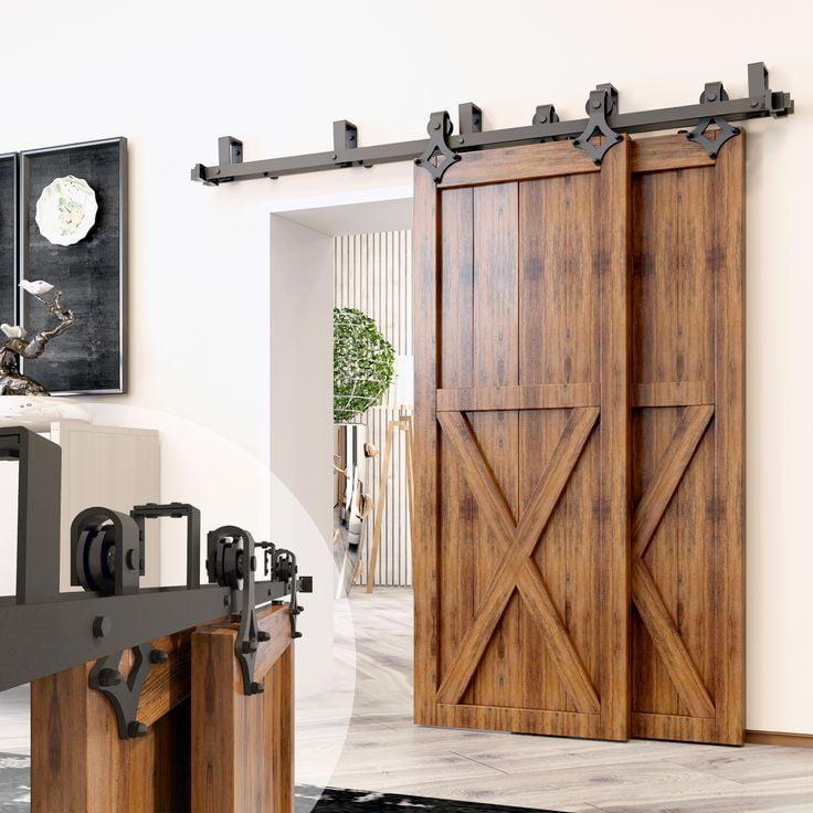 Rustic Black Double Bypass Sliding Barn Door Hardware Kit, 13ft