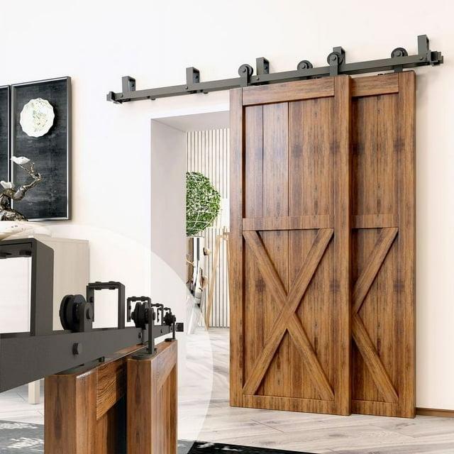 Homacer Black Rustic Double Track U-Shape Bypass Sliding Barn Door Hardware Kit, for Two/Double Doors, 7ft Long Flat Track, T-Shape Design Roller, Heavy Duty, for Interior & Exterior Use
