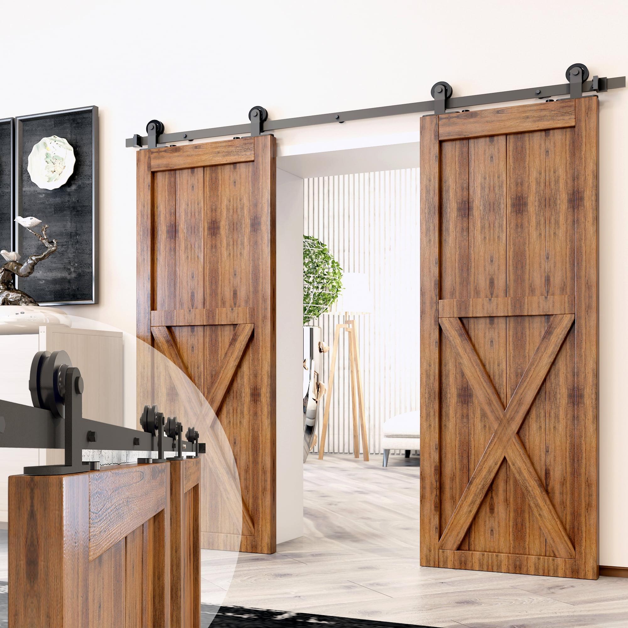 Homacer Black Rustic Sliding Barn Door Hardware Kit, for Two/Double Doors, 14ft Long Flat Track, T-Shape Design Roller, Heavy Duty, for Interior & Exterior Use
