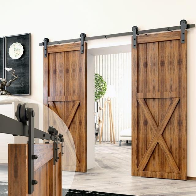 Homacer Black Rustic Sliding Barn Door Hardware Kit, for Two/Double Doors, 4ft Long Flat Track, Straight Design Roller, Heavy Duty, for Interior & Exterior Use