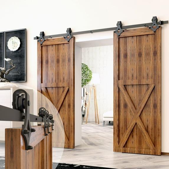 Homacer Black Rustic Sliding Barn Door Hardware Kit, for Two/Double Doors, 8ft Long Flat Track, Diamond Design Roller, Heavy Duty, for Interior & Exterior Use