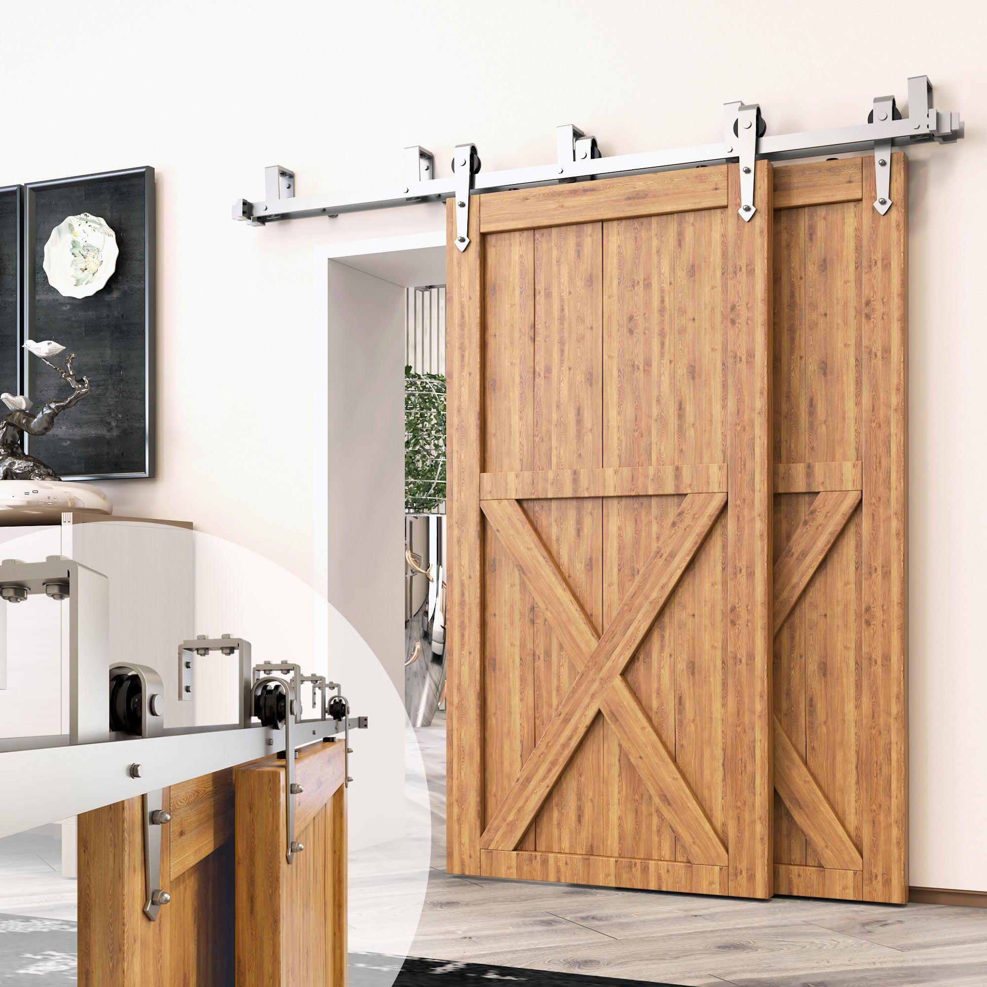 Brushed Nickel Double Track Bypass Barn Door Hardware Kit