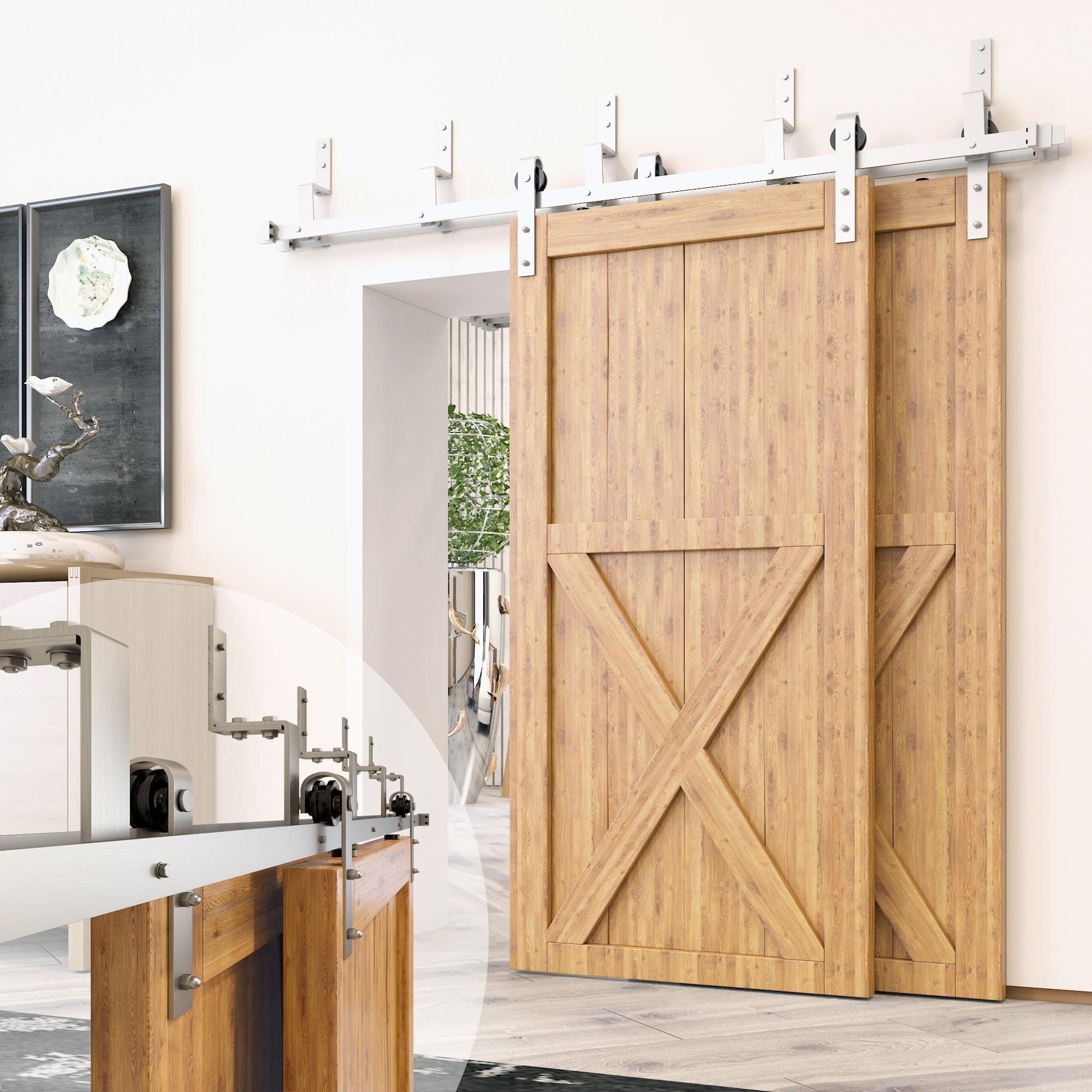 Homacer Brushed Nickel Double Track Z-Shape Bypass Sliding Barn Door Hardware Kit, for Two/Double Doors, 4ft Long Flat Track, Classic Design Roller, Heavy Duty, for Interior Use