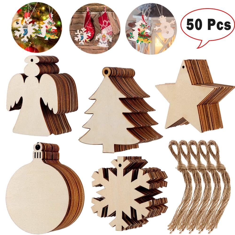 Homaful 50 Pcs Wooden Christmas Ornaments, Christmas Crafts for Kids, 5 Styles DIY Christmas Ornaments Kit with 50 Strings, Unfinished Wood Slice for Hanging Holiday Decoration