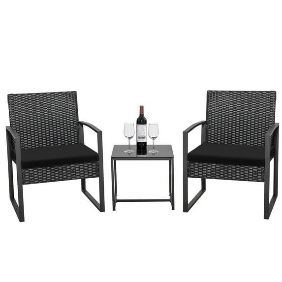 Black Steel and Wicker 3-Piece Patio Bistro Set with Beige Cushions