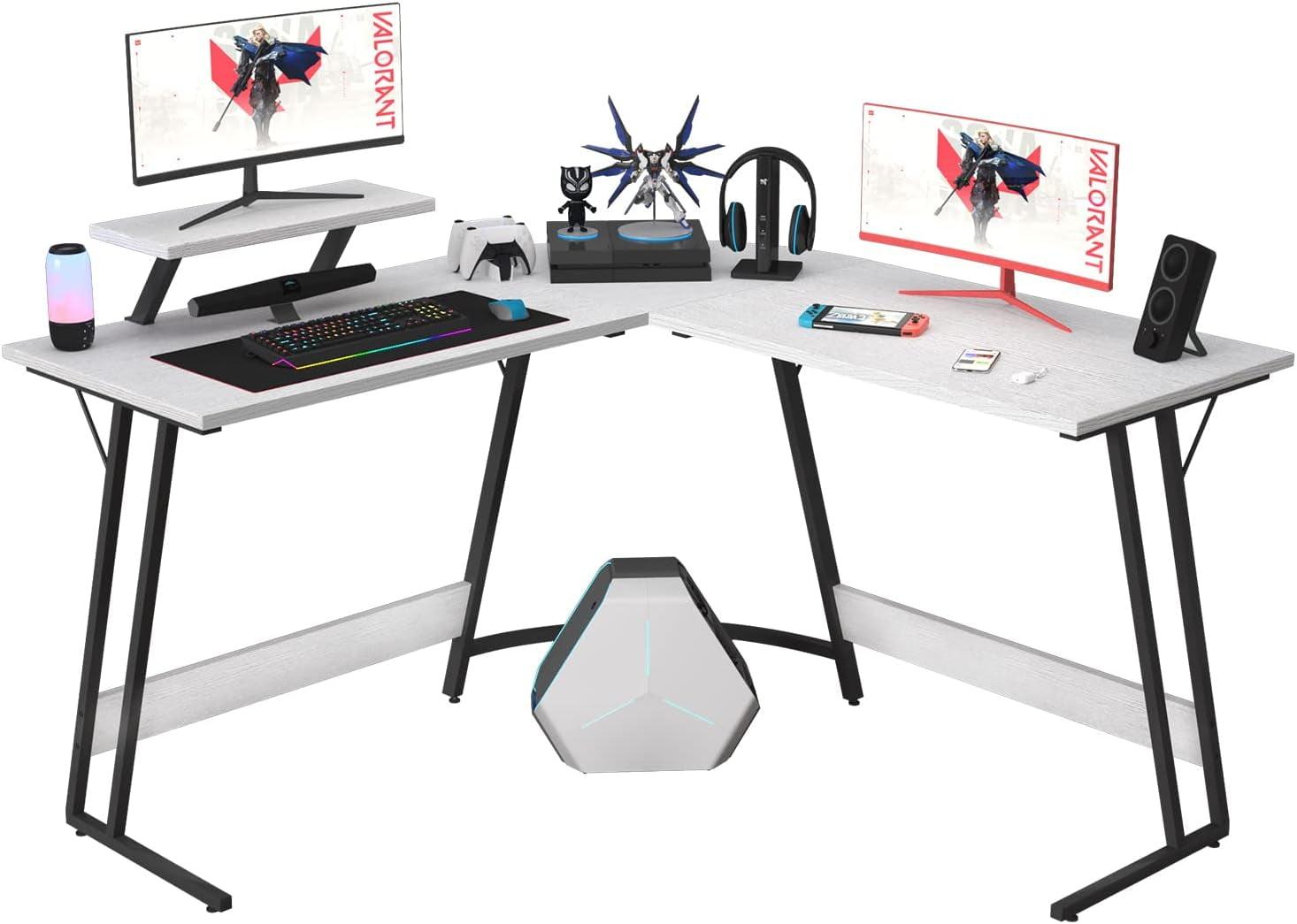 CL.HPAHKL L Shaped Desk Corner Gaming Desk Table with Large Monitor Riser Stand Computer Desk with Large Desktop Studying and Working and Gaming for Home and Work Place（ White 51 Inch ）